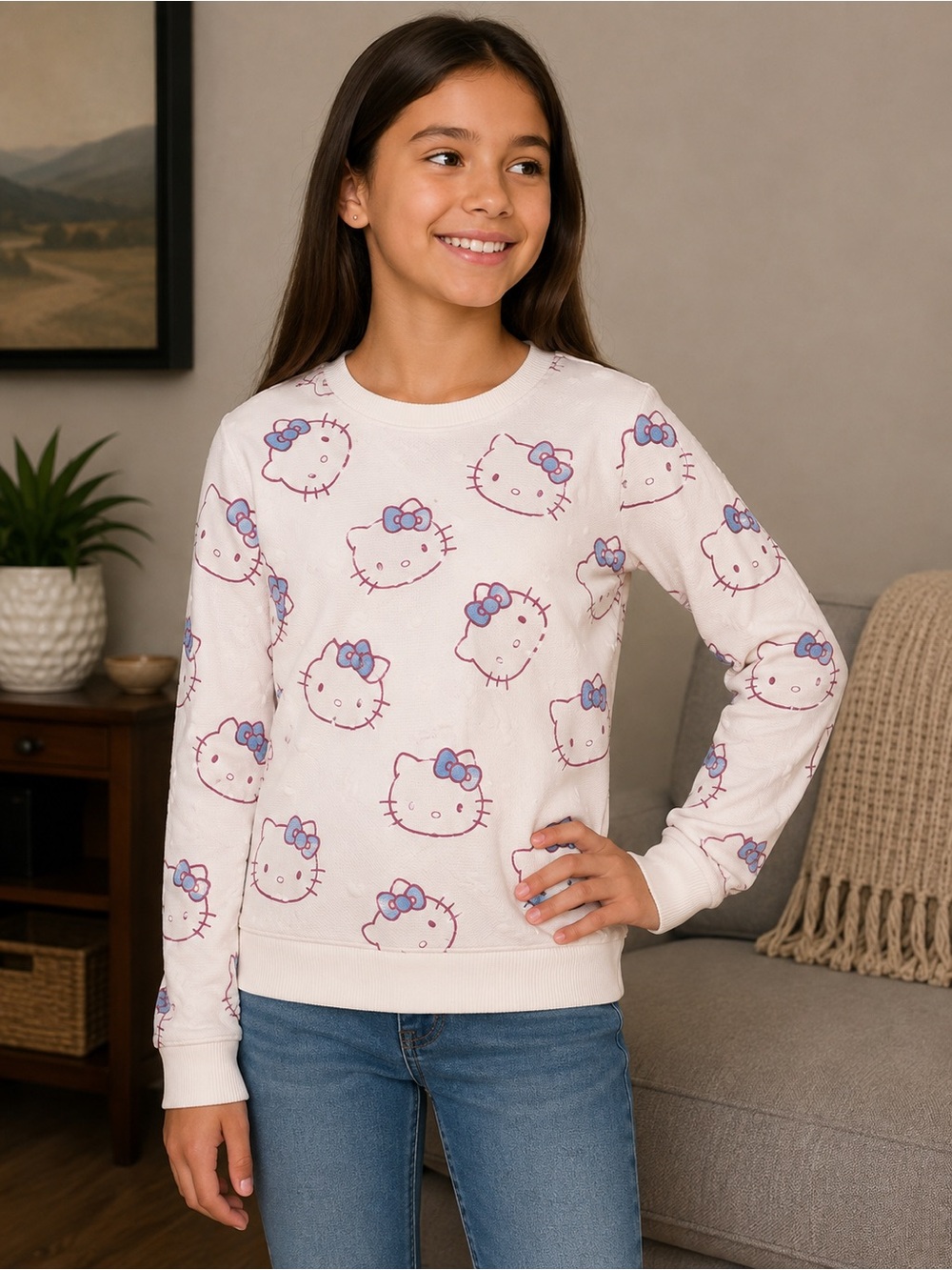 Girls' Cream Hello Kitty Print Crewneck Sweater